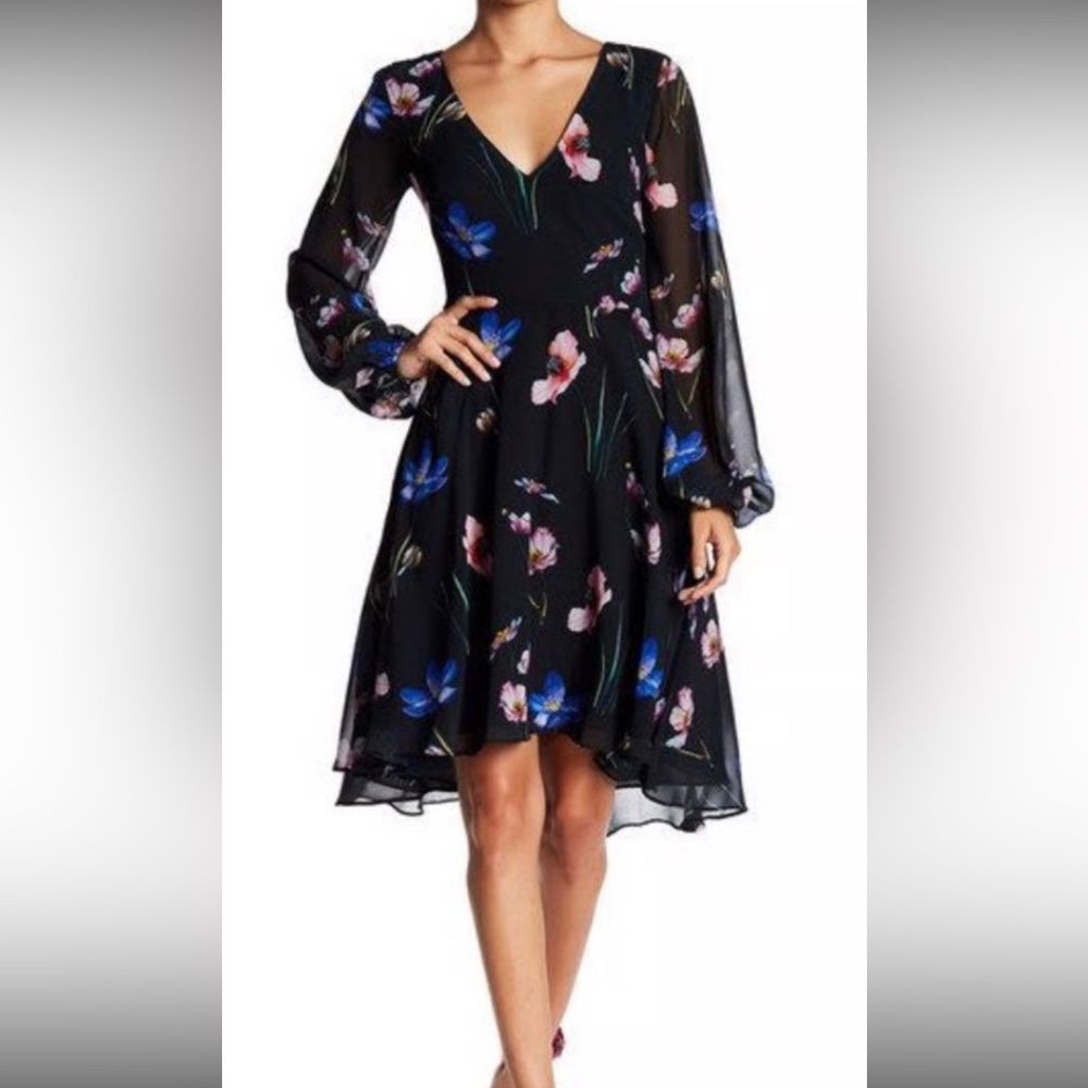 Sheer Chiffon Layered Bell Sleeve Dress Black w/ Floral Print Betsy Johnson Sz 8